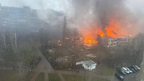 An aerial view of the helicopter crash in Brovary.