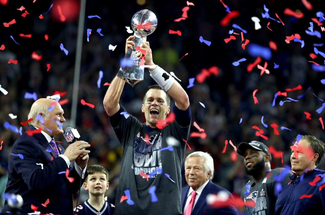 Brady celebrates after the new England Patriots defeated the Atlanta Falcons during Super Bowl LI at NRG Stadium on February 5, 2017.