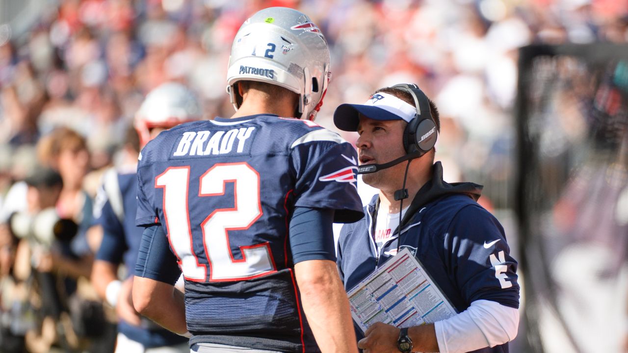Brady talking with Josh McDaniels in the New England Patriots' game against the New York Jets on September 22, 2019. Brady was the quarterback of the Patriots at the time and McDaniels was the team's offensive coordinator. 