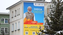 An Invest India banner hanging from a building ahead of the World Economic Forum (WEF) in Davos, Switzerland, on Monday, Jan. 16, 2023. The annual Davos gathering of political leaders, top executives and celebrities runs from January 16 to 20. Photographer: Hollie Adams/Bloomberg via Getty Images