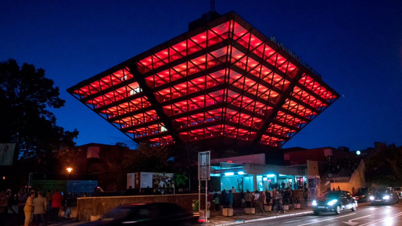 <strong>Slovak Radio Building:</strong> Illuminated here for the White Night festival in 2017, the Slovak Radio Building is a striking inverted pyramid. 