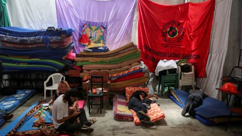 People who have traveled from different parts of Peru to protest against Boluarte's government take a rest on January 18 before protests take place on Thursday.
