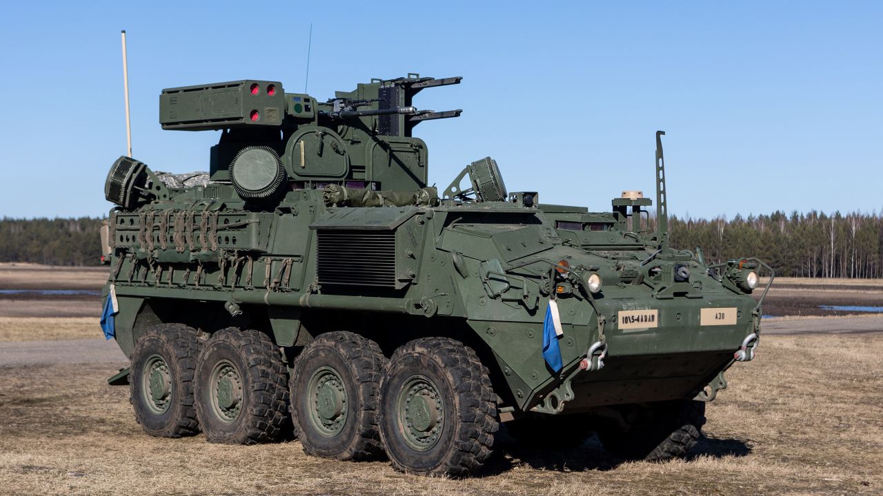 General view of US army M-SHORAD Stryker Air Defence vehicle on March 1, 2022, in Kazlu Ruda, Lithuania. 