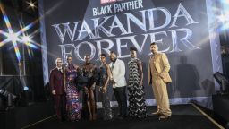 LONDON, ENGLAND - NOVEMBER 03: (EDITORS NOTE: Image has been created using a starburst filter) Martin Freeman, Florence Kasumba, Danai Gurira, Letitia Wright, Ryan Coogler, Lupita Nyong'o and Tenoch Huerta attend the European Premiere of Marvel Studios' "Black Panther: Wakanda Forever" in Leicester Square on at Cineworld Leicester Square on November 03, 2022 in London, England. (Photo by Gareth Cattermole/Getty Images for Disney)
