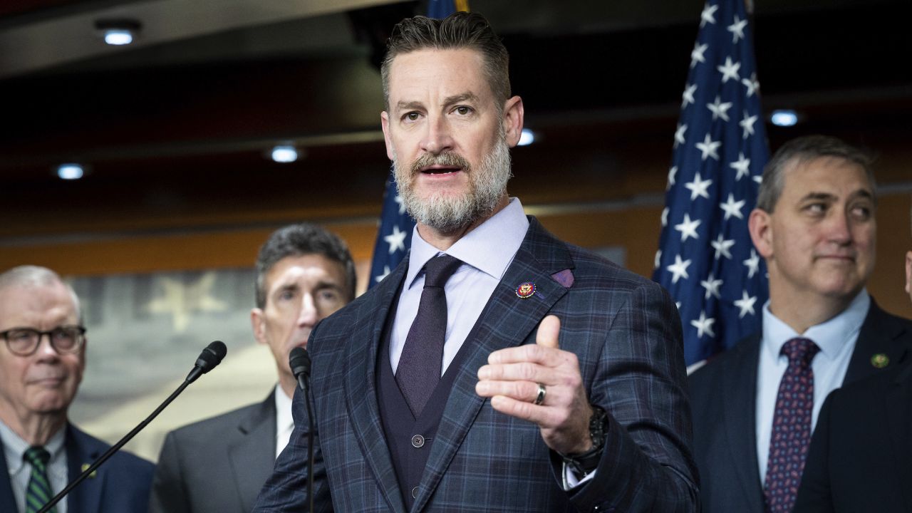 US Representative Greg Steube speaking with other House Republicans at a press conference at the US Capitol on January 11, 2023