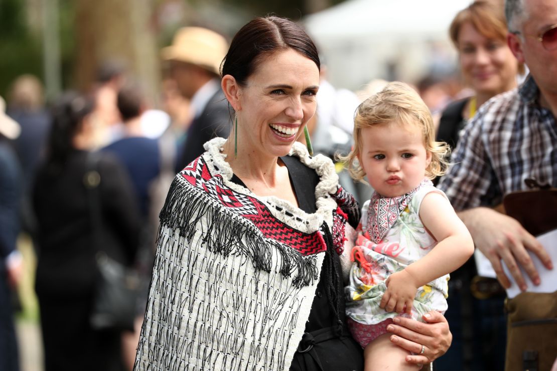 New Zealand Prime Minister Jacinda Ardern and her daughter Neve Te Aroha Ardern Gayford at the upper Treaty grounds at Waitangi on February 4, 2020.
