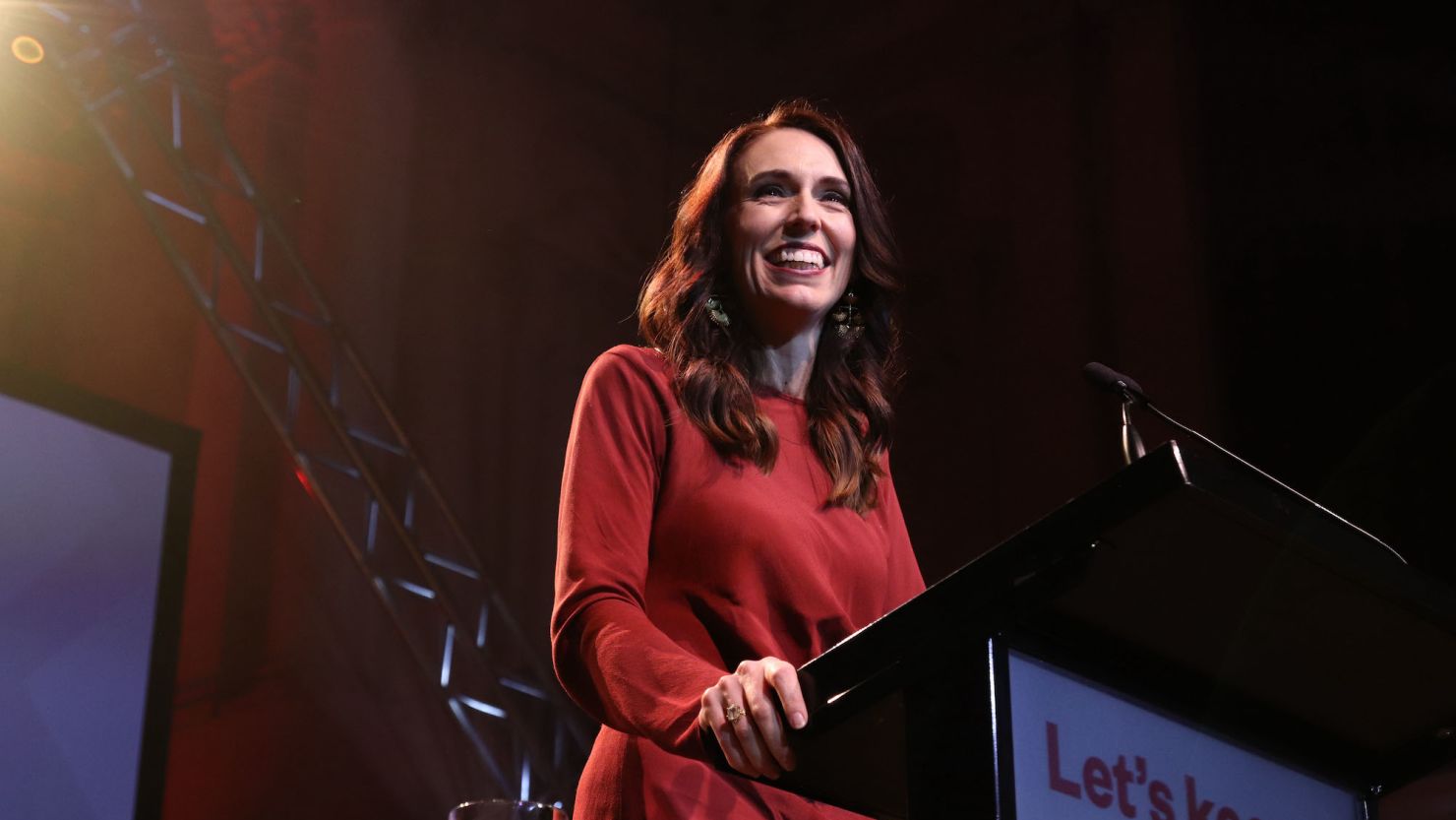 New Zealand Prime Minister Jacinda Ardern delivers her victory speech after being re-elected in a historic landslide win on October 17, 2020.