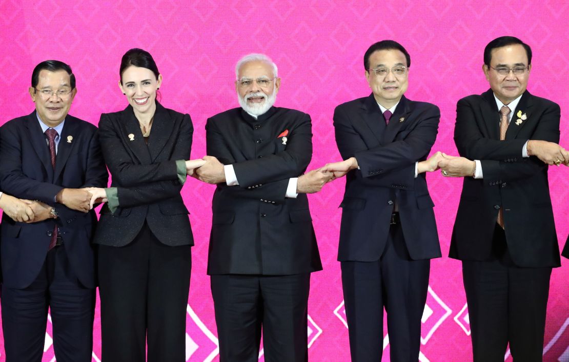 Cambodia's Prime Minister Hun Sen, New Zealand's Prime Minister Jacinda Ardern, India's Prime Minister Narendra Modi, Chinese Premier Li Keqiang and Thai Prime Minister Prayuth Chan-Ocha at the 3rd Regional Comprehensive Economic Partnership summit in Bangkok, Thailand, in 2019.