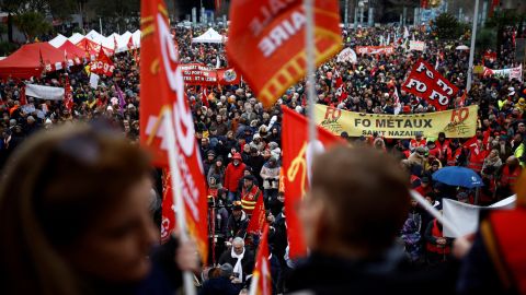 Protesters demonstrate against the French government's proposed pension reforms in Saint-Nazaire on France's west coast, as part of a day of nationwide strikes on January 19, 2023. 