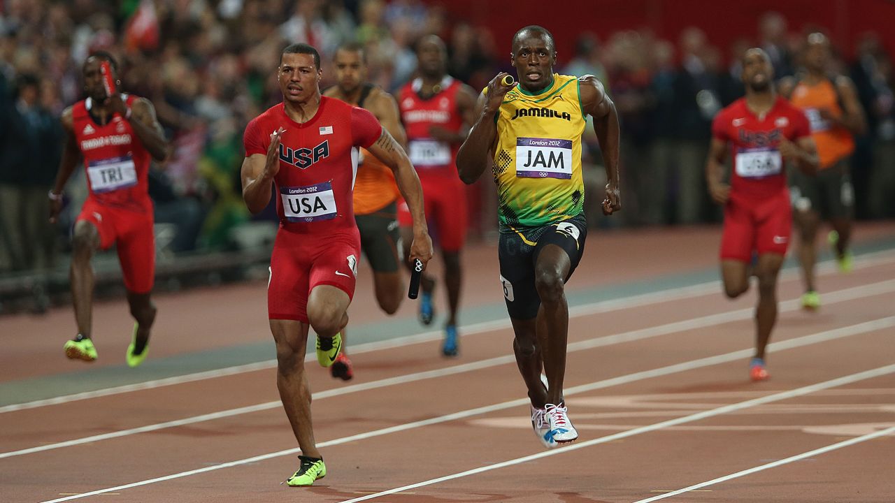 Bolt races to gold as part of Jamaica's 4x100m relay team at the London 2012 Olympics. 