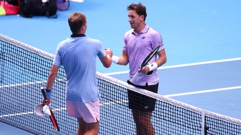 Brooksby and Ruud shake hands after their match at the Australian Open. 