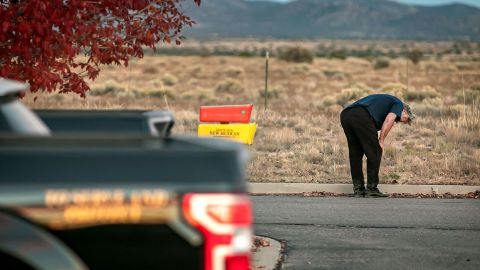 Alec Baldwin is stands outside the Santa Fe County Sheriff's Office after being questioned.