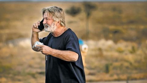 Alec Baldwin in the parking lot outside the Santa Fe County Sheriff's office in 2021 after being questioned about the shooting.