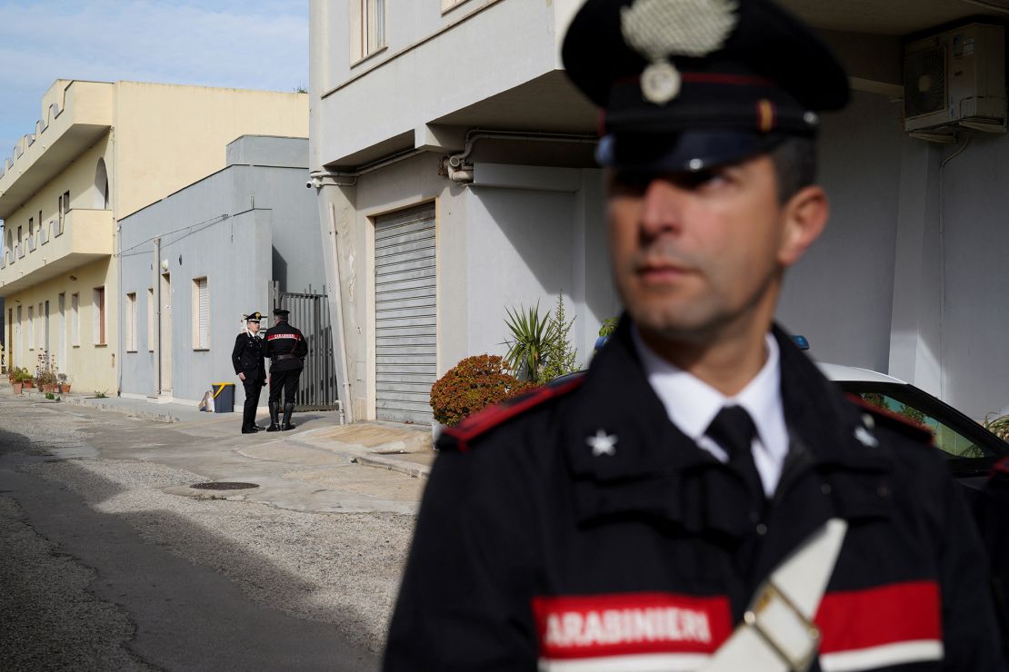 Police stand guard near the hideout of Matteo Messina Denaro in the Sicilian town of Campobello di Mazara, on January 17, 2023, a day after his arrest.