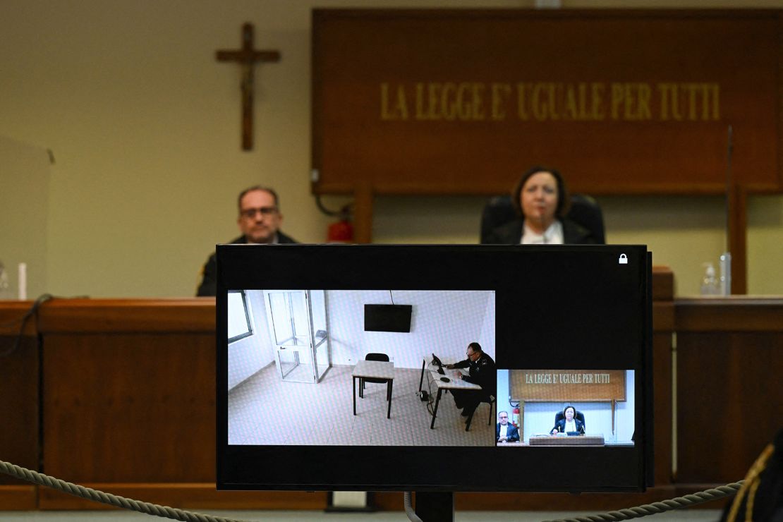 A television screen in a special bunker court in Caltanissetta, Sicily, on January 19, 2023, shows an empty chair where Matteo Messina Denaro was expected to appear via videolink from prison.