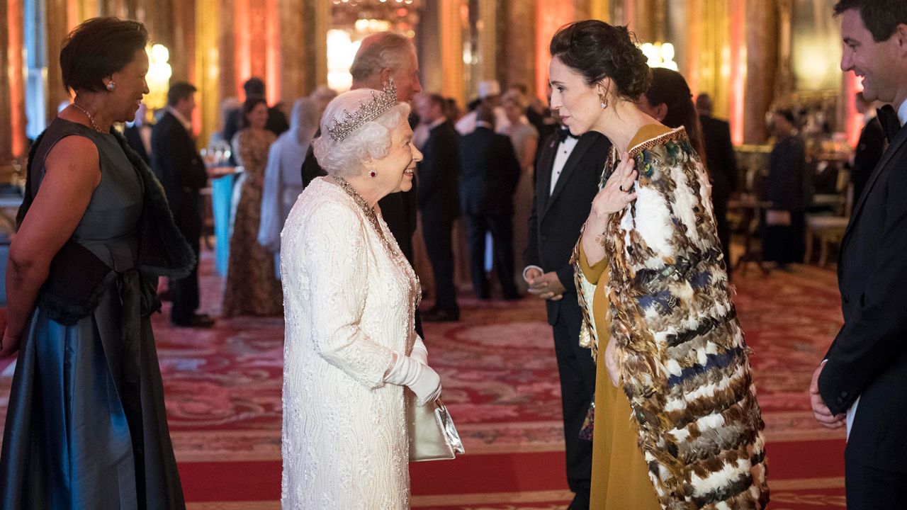 Queen Elizabeth II greets New Zealand Prime Minister Jacinda Ardern at Buckingham Palace on April 19, 2018, in London.