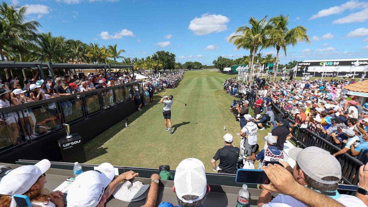 Peter Uihlein drives from the first tee at the LIV Golf Invitational Miami at Trump National Doral on October 30, 2022.