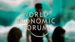 The logo of the World Economic Forum displayed on a window during the Annual Meeting of the Forum in Davos, Switzerland Tuesday, Jan. 17, 2023. The annual meeting of the World Economic Forum is taking place in Davos from Jan. 16 until Jan. 20, 2023. 