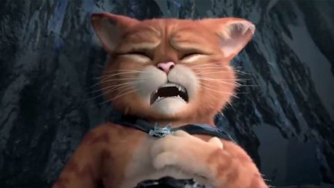 A scene from "Puss in Boots: The Last Wish" shows the titular cat having a panic attack.