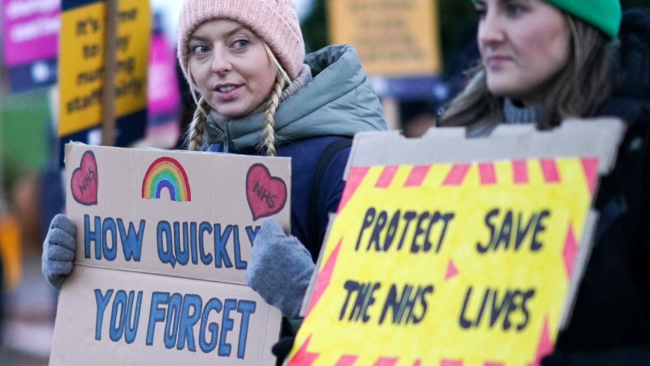 Nurses employed at South Tees Hospitals NHS Foundation Trust strike outside the James Cook Hospital on January 18, 2023.