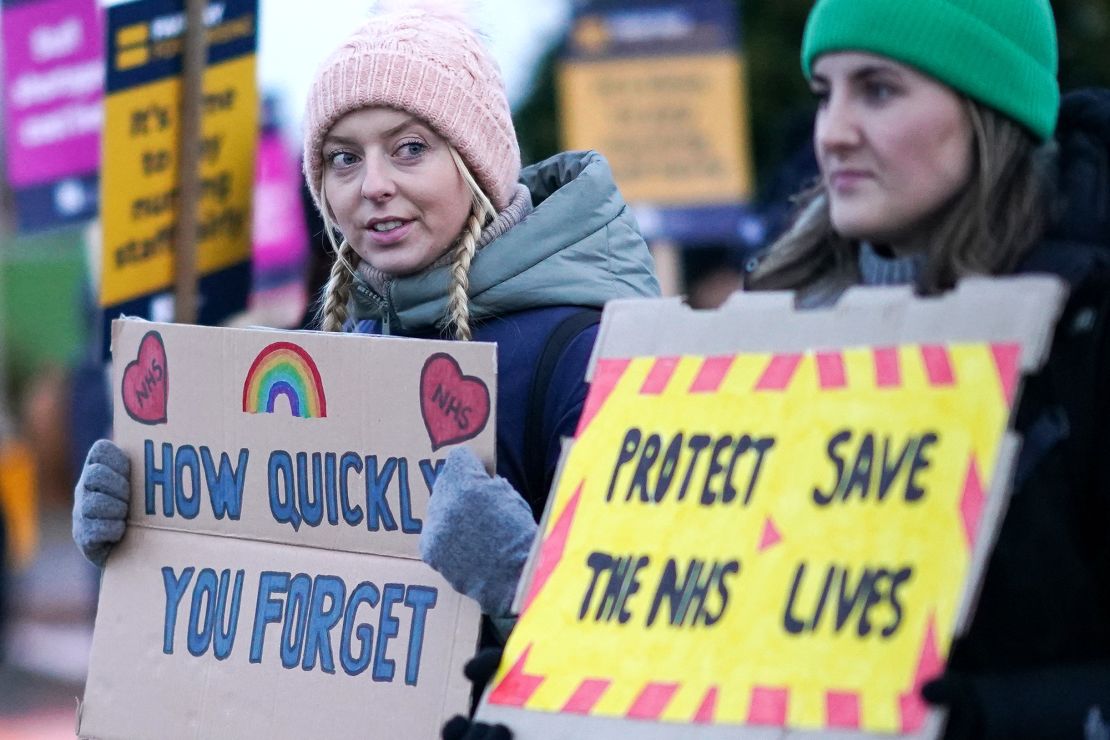 Nurses employed at South Tees Hospitals NHS Foundation Trust strike outside the James Cook Hospital on January 18, 2023.