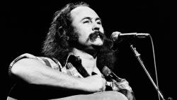 David Crosby of Crosby And Nash performs on stage at Hammersmith Odeon, London, 28th September 1976.