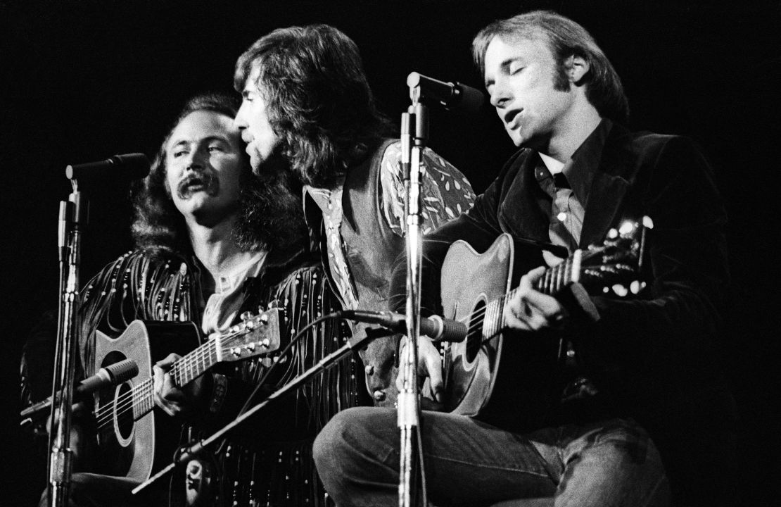 (From left) David Crosby, Graham Nash and Stephen Stills of Crosby, Stills & Nash perform in concert at Olympia Stadium on June 12, 1970 in Detroit.