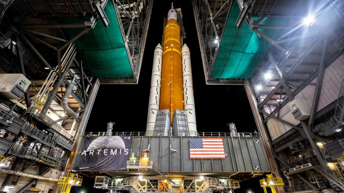 The mobile launcher with NASA's SLS rocket and Orion spacecraft rolls out of the Vehicle Assembly Building's High Bay 3 to Launch Complex 39B on Tuesday, Aug. 16, 2022, at NASA's Kennedy Space Center in Florida.