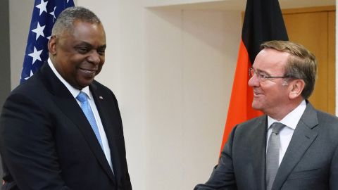 Newly appointed German Defense Minister Boris Pistorius and United States Secretary of Defense Lloyd J. Austin III shake hands prior to a statement at the defense ministry in Berlin, Germany, on January 19.