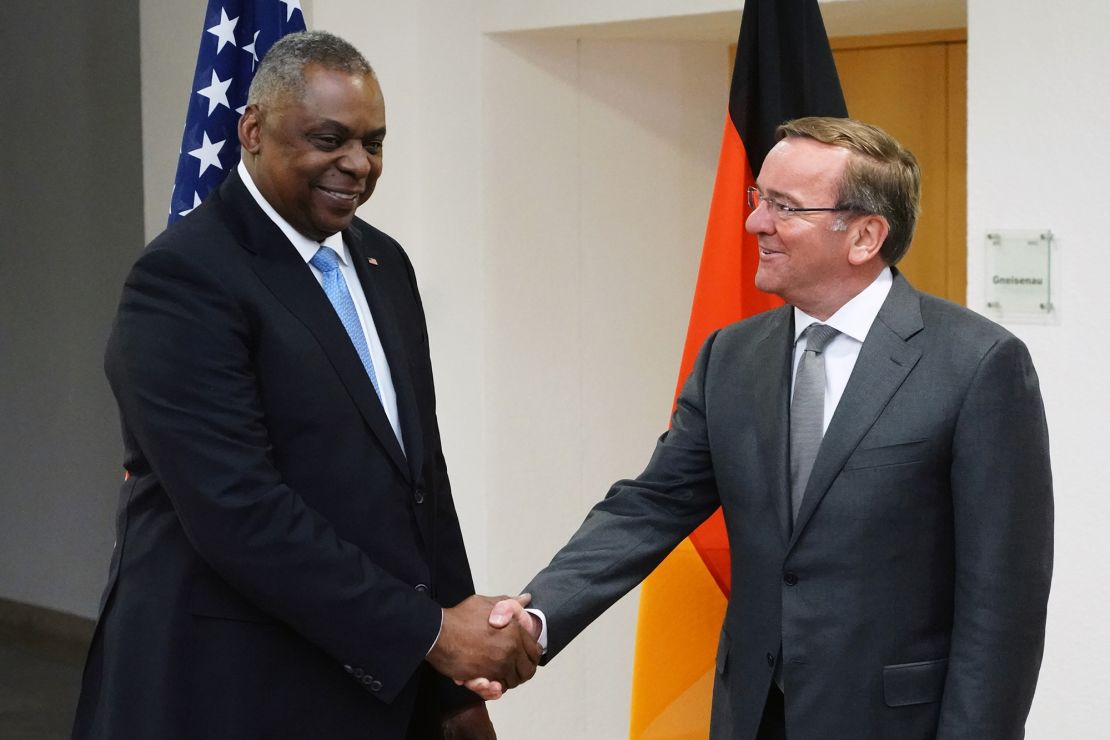 Newly appointed German Defense Minister Boris Pistorius and United States Secretary of Defense Lloyd J. Austin III shake hands prior to a statement at the defense ministry in Berlin, Germany, on January 19.