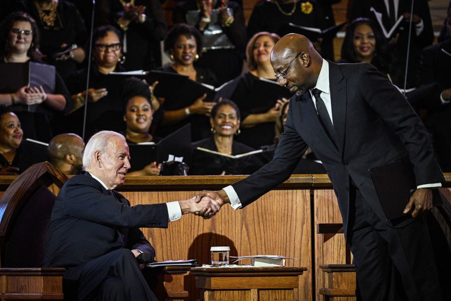 US Sen. Raphael Warnock, the pastor at Ebenezer Baptist Church, greets US President Joe Biden during a worship service in Atlanta, Georgia, on Sunday, January 15, the eve of Martin Luther King Jr. Day. King was co-pastor of the church from 1960 until his assassination in 1968. Biden became the first sitting president to <a href="https://www.cnn.com/2023/01/15/politics/biden-mlk-speech-atlanta-democracy-voting/index.html" target="_blank">deliver a Sunday sermon</a> from the historic church.
