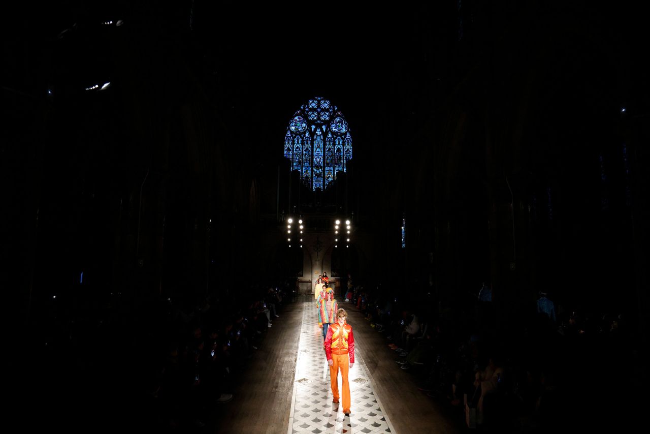 Models present creations in the Bluemarble show during Paris fashion week on Wednesday, January 18.