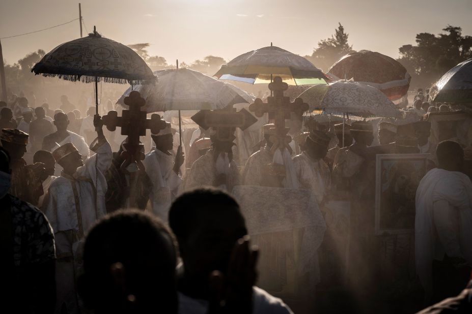 High priests with the ark of the covenant celebrate timket on Lake Ziway in Ethiopia on Wednesday, January 18.