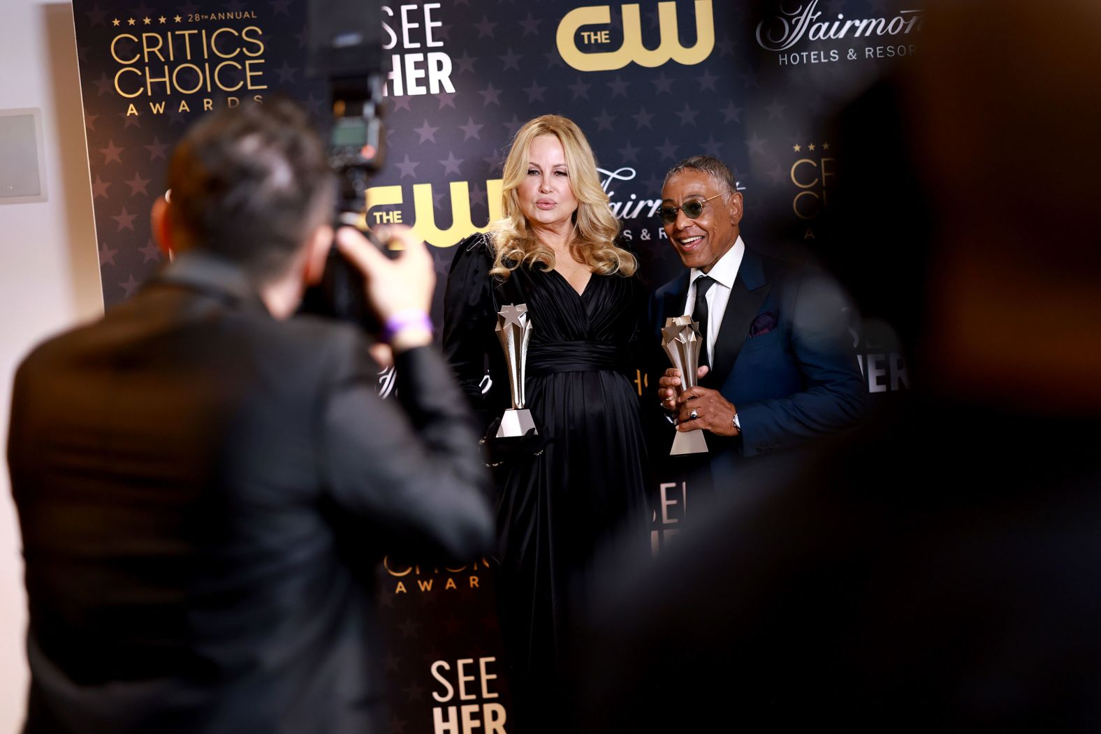 Actors Jennifer Coolidge and Giancarlo Esposito pose with their statuettes at the <a href="https://www.cnn.com/style/article/red-carpet-critics-choice-2023/index.html" target="_blank">Critics Choice Awards</a> in Los Angeles, California, on Sunday, January 15. Coolidge took home the award for best supporting actress in a drama series for her role in "The White Lotus" and Esposito won for best supporting actor in a drama series for his part in "Better Call Saul."