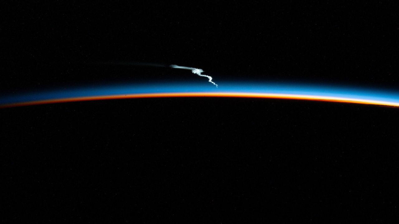 A camera on the International Space Station captured the launch plume of the SpaceX Falcon Heavy rocket after its liftoff from NASA's Kennedy Space Center in Florida on Sunday, January 15.