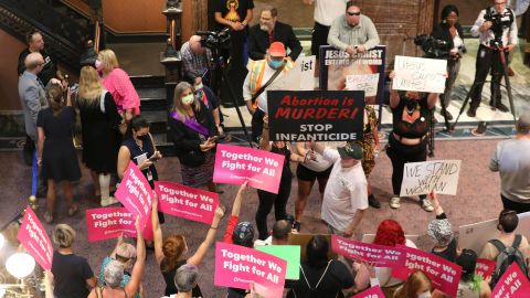 Protesters demonstrate in the lobby of the South Carolina Statehouse on Tuesday, June 28, 2022, in Columbia, South Carolina.