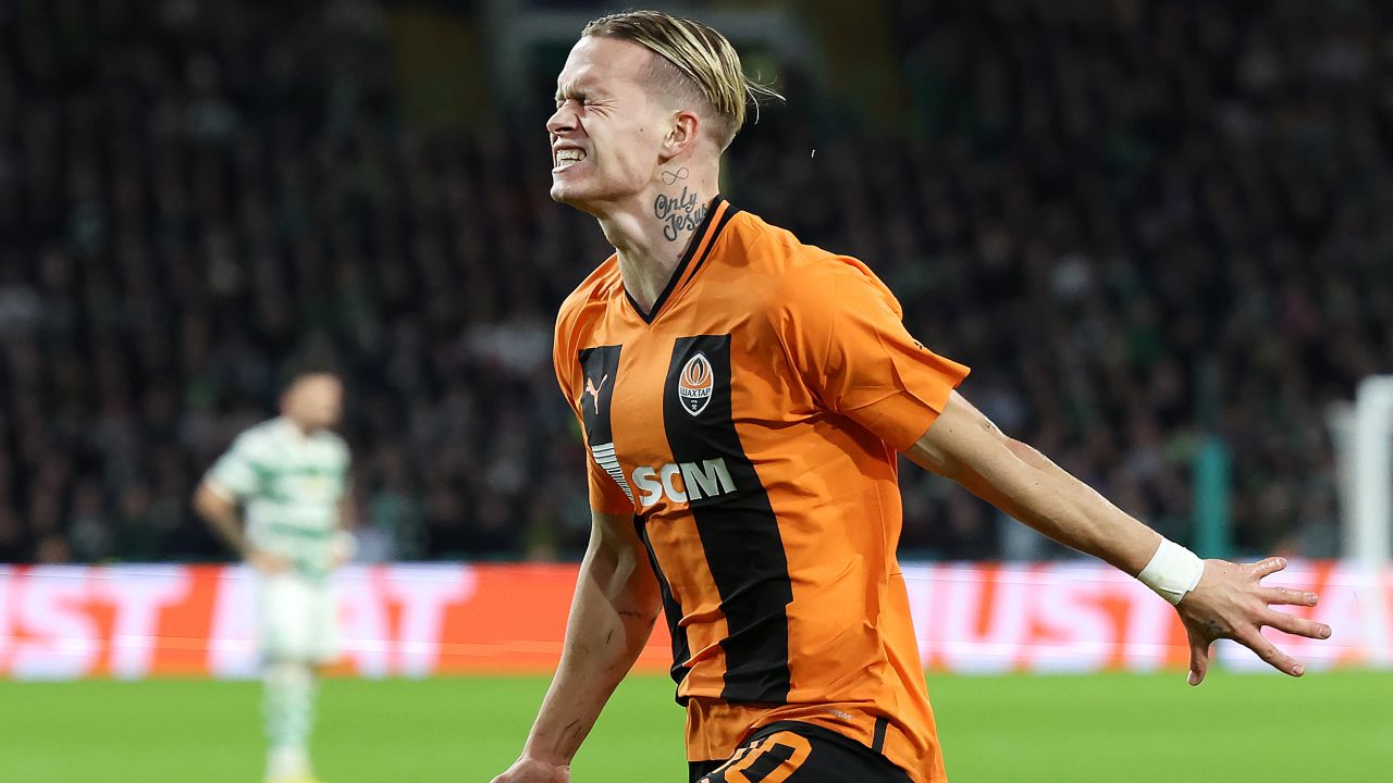 Mudryk celebrates scoring against Celtic in the Champions League last October. 