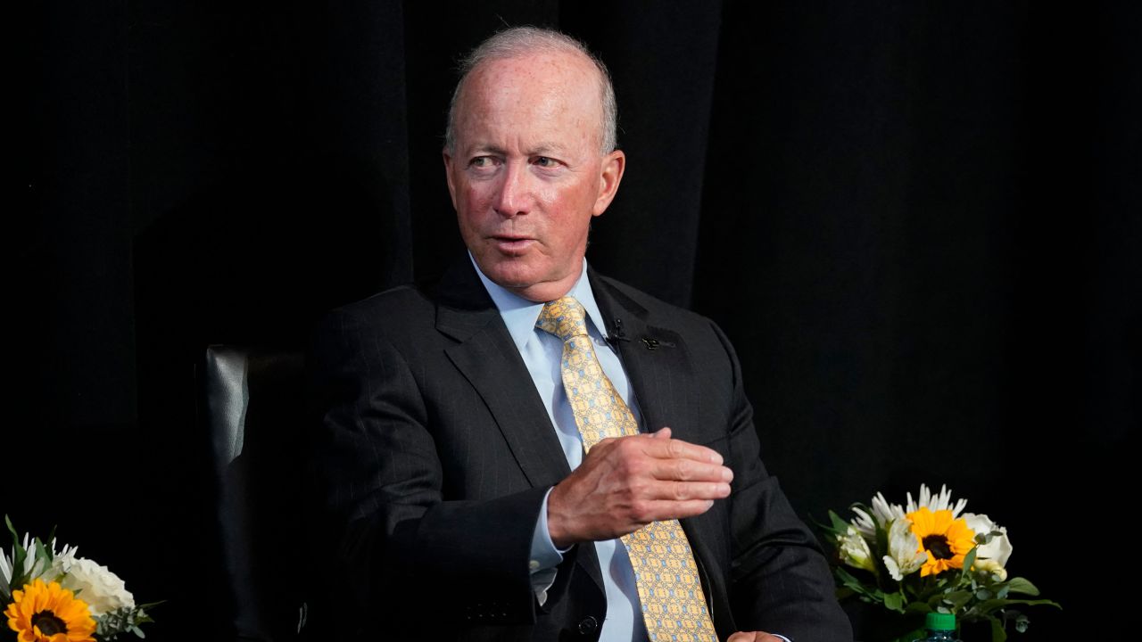 Purdue University President Mitch Daniels speaks during a moderated conversation on building a semiconductor ecosystem on September 13, 2022, in West Lafayette, Indiana.