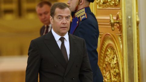 Dmitry Medvedev attends a ceremony at the Kremlin in Moscow on June 12, 2019. 