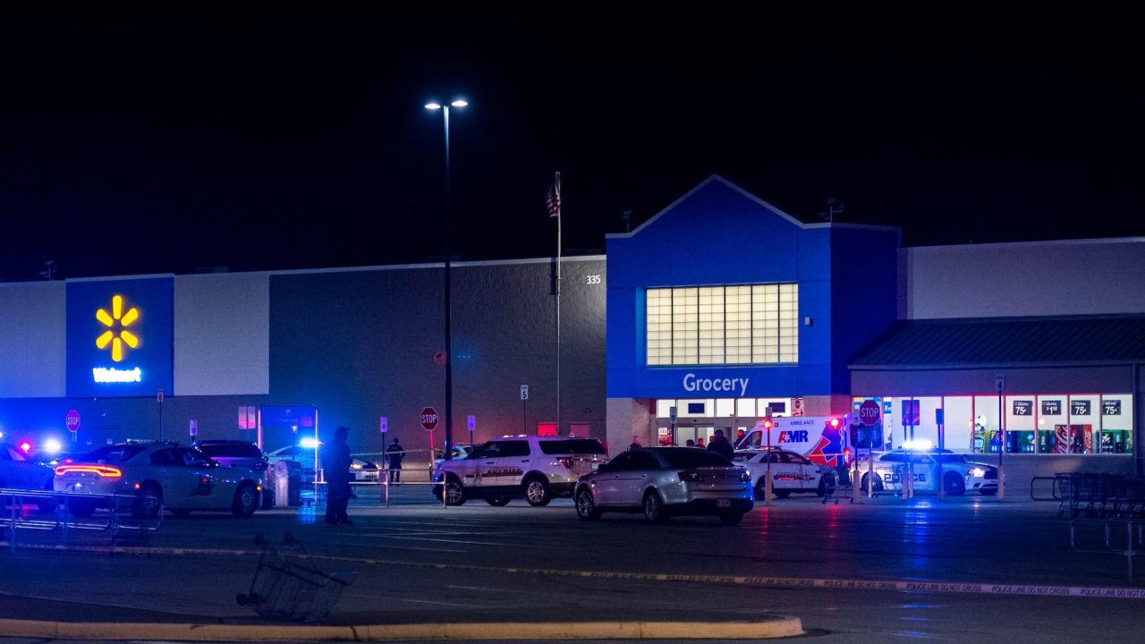 Emergency responders work the scene of a shooting at the West Side Walmart located in Evansville, Indiana, on Jan. 20, 2023. 