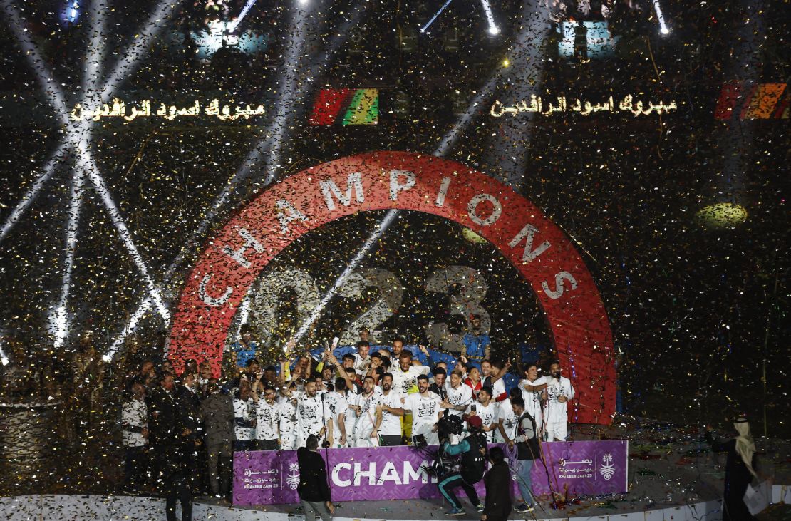 Iraqi players celebrate after winning the 25th Arabian Gulf Cup final against Oman on Thursday in Basra, Iraq. 