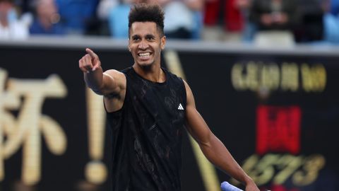 Michael Mmoh celebrates match point in his match against Alexander Zverev.