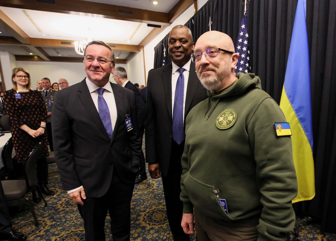 German Defense Minister Boris Pistorius meets with his US counterpart, Secretary of Defense Lloyd Austin and Ukraine's Defense Minister Oleksiy Reznikov at Ramstein Air Base on Friday.