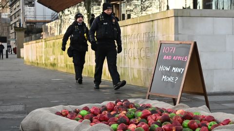 Para pengunjuk rasa menempatkan 1.071 apel busuk tiruan di luar Scotland Yard, markas Polisi Met, pada bulan Januari untuk menyoroti jumlah petugas yang sama yang telah ditempatkan dalam pemeriksaan baru.