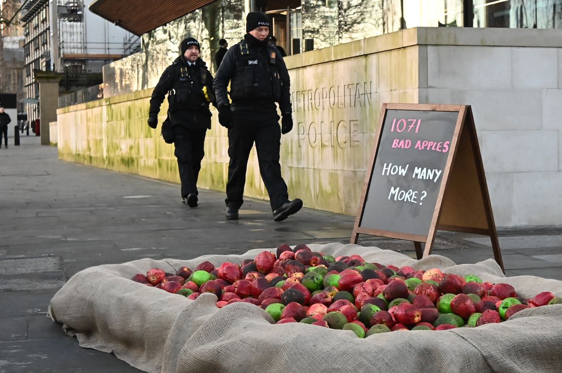 Protesters placed 1,071 imitation rotten apples outside Scotland Yard, the Met Police headquarters, in January to highlight the same number of officers that have been placed under fresh review.