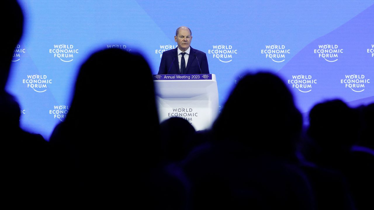 German Chancellor Olaf Scholz addresses the World Economic Forum, in Davos, Switzerland, on Wednesday.