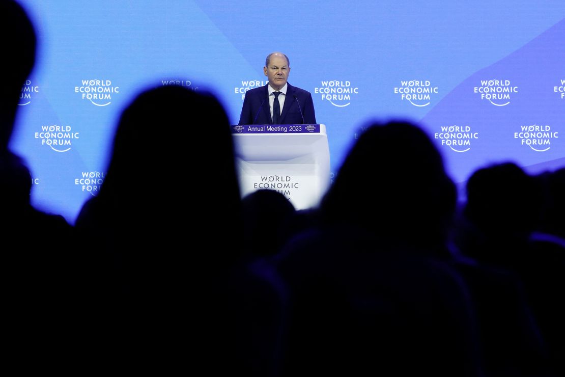 German Chancellor Olaf Scholz addresses the World Economic Forum, in Davos, Switzerland, on Wednesday.