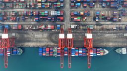 This photo taken on January 13, 2023 shows an aerial view of cranes and shipping containers at Lianyungang port in China's eastern Jiangsu province. 