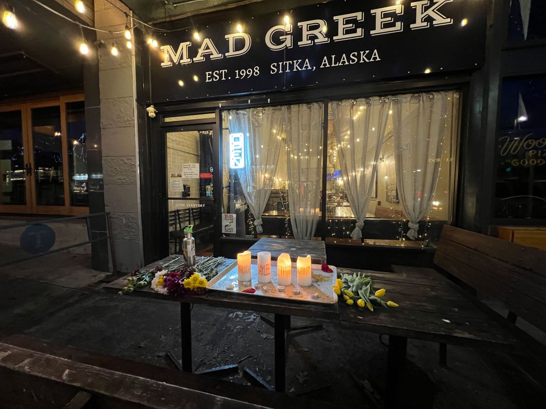 Candles and flowers are seen at a memorial for the slain University of Idaho students outside the Mad Greek restaurant in Moscow, Idaho, on January 15, 2023.