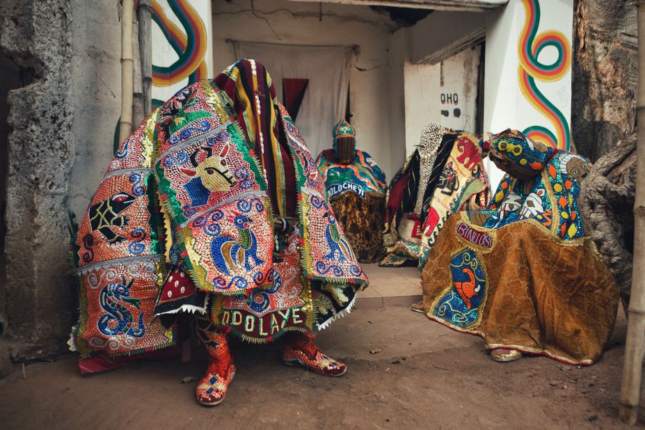His series "Manifestations" featured the Egungun masquerade -- a masked representation of and connection to the ancestors. Pictured, "Commune with the Ancestors" (2021).
